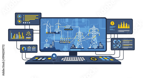 Digital control system interface displaying a smart grid with renewable energy sources and power transmission infrastructure.