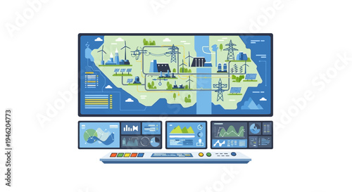 A comprehensive digital dashboard displaying a smart grid system with renewable energy sources and power distribution networks.