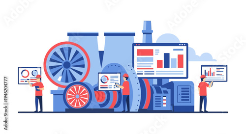 Industrial machinery with data analytics dashboards and engineers monitoring performance, illustrating industry 4.0 concepts.