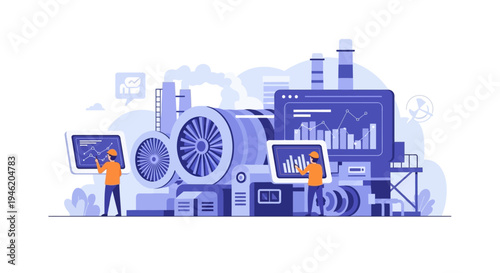 Modern industrial facility with advanced machinery and data analytics interfaces, showcasing technological innovation and operational efficiency.