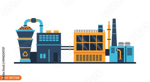 Illustration of a modern industrial factory complex with a recycling symbol on a processing silo.