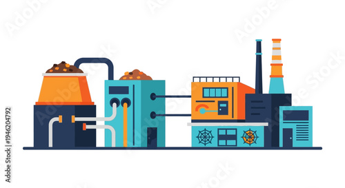 Illustration of an industrial factory complex with multiple interconnected buildings and smokestacks, representing manufacturing and production processes.