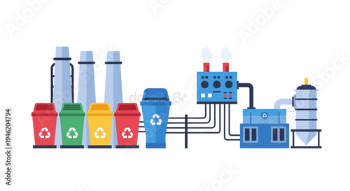 Illustration of a recycling plant with colorful bins, industrial machinery, and smokestacks, symbolizing environmental processes.