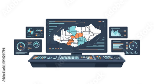 A futuristic command center displaying a complex geographical data analysis on multiple screens, featuring maps, charts, and graphs.
