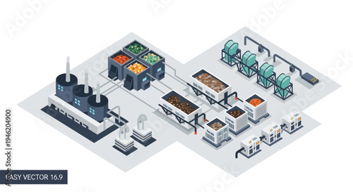 Isometric illustration of a modern waste management and recycling facility, showcasing the process from collection to processing and material separation.