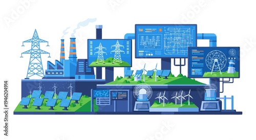 Illustration of a smart grid system with renewable energy sources and advanced monitoring technology.