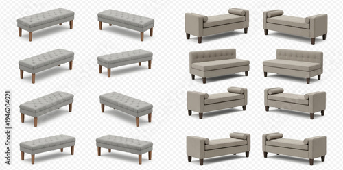 Set of various upholstered benches and chaises lounges for interior design, isolated on transparent background.