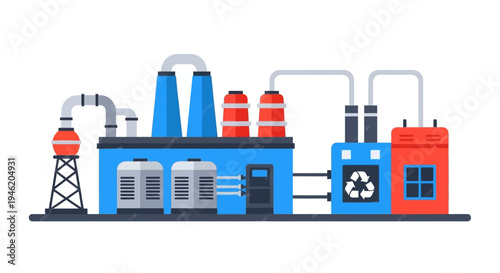 Illustration of a modern industrial factory complex with multiple buildings, smokestacks, and processing units, symbolizing manufacturing and production.