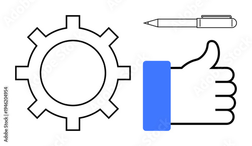 Productivity and creativity concept. Gear for productivity, thumbs up gesture for approval, and pen for creativity. Productivity, collaboration, and idea generation. Great for workplace , business