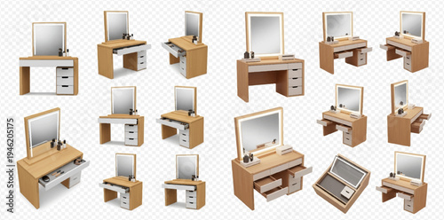 Set of wooden dressing tables with mirrors and drawers in various angles and views.