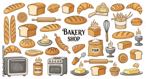 Flat lay illustration of assorted baked goods and baking equipment on a clean white background with warm golden tones.