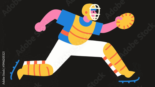 baseball player catcher. sports concept. Simple illustration reminiscent of Scandinavia. Vector illustration. (No text) colorful
