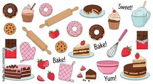 Flat lay of various sweet baked goods and baking supplies on a white background with a pastel color palette.