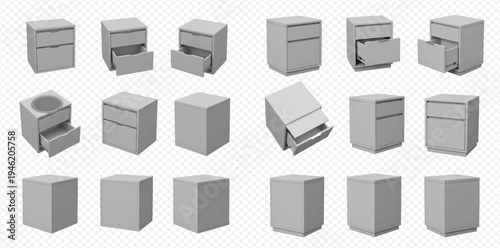 Collection of isolated bedside tables and nightstands with drawers open and closed in various angles.