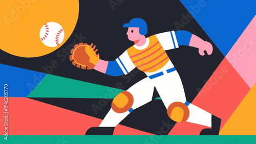 baseball player catcher. sports concept. Simple illustration reminiscent of Scandinavia. Vector illustration. (No text) colorful