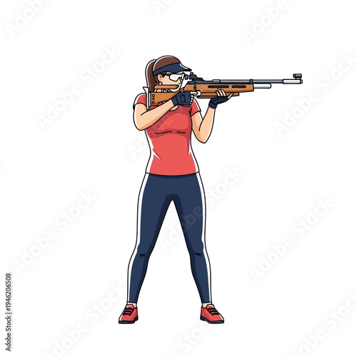 Woman athlete aiming a rifle in shooting competition, focus and precision