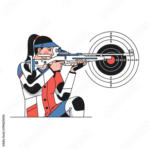 Woman athlete aiming rifle at target, biathlon sport, precision shooting, focus, competition