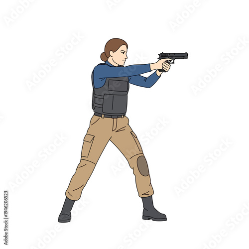 Woman in tactical gear aiming a handgun, defensive stance, shooting training