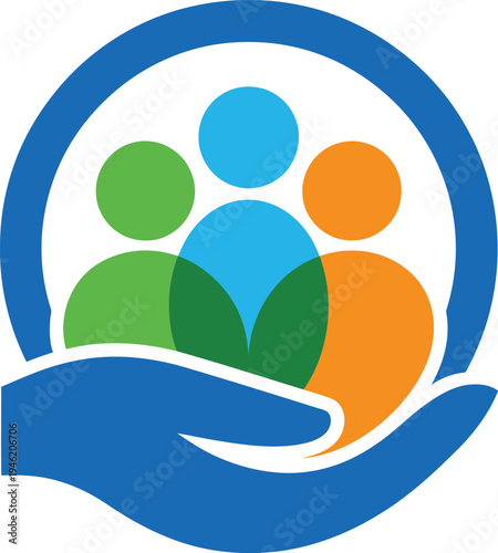 Vibrant vector illustration of a blue hand cradling three overlapping, colorful human figures within a circular frame, symbolizing community, care, and support.