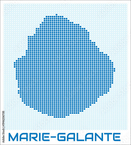 Marie-Galante digital style map with blue rounded rectangle dots. Guadeloupe. Dotted shape of the island. Marie-Galante blue colored map and title on white background. Creative Vector Illustration.