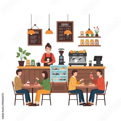 Cozy Coffee Shop Scene: Barista Serving Customers, People Relaxing with Drinks