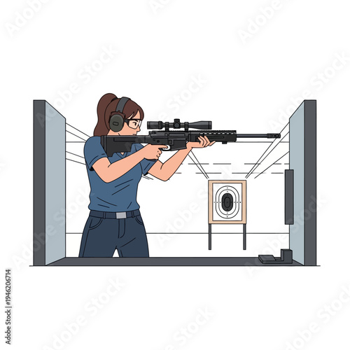 Woman shooting rifle at target range with scope and hearing protection