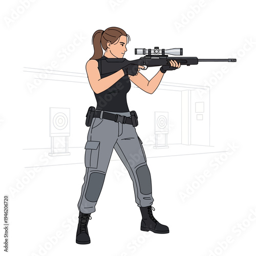 Woman sniper aiming rifle at shooting range, tactical gear, focus, precision