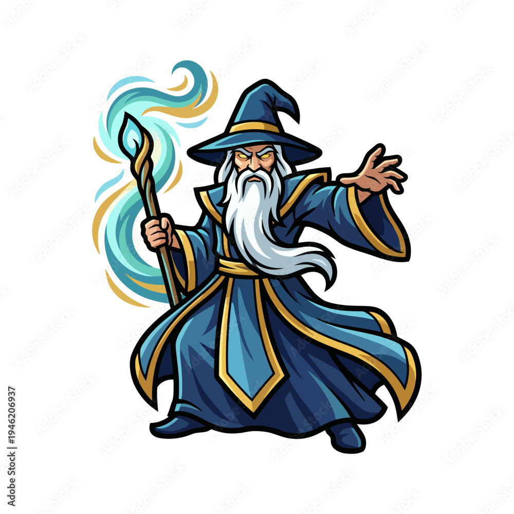 Obraz premium This captivating image showcases a wise wizard casting a spell, complete with traditional attire and magical effects, ideal for fantasy-themed projects, gaming or storytelling.