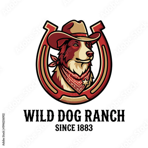 This image showcases a vintage-style logo featuring a dog wearing a cowboy hat, representing the spirit of ranch life since 1883, ideal for theme branding.