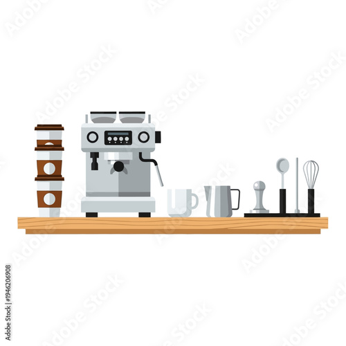 Espresso machine and barista tools on shelf, coffee making equipment, cafe supplies