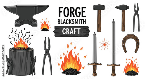Flat lay illustration of blacksmithing tools and equipment including an anvil sword and hammer on a white background with a craft theme.