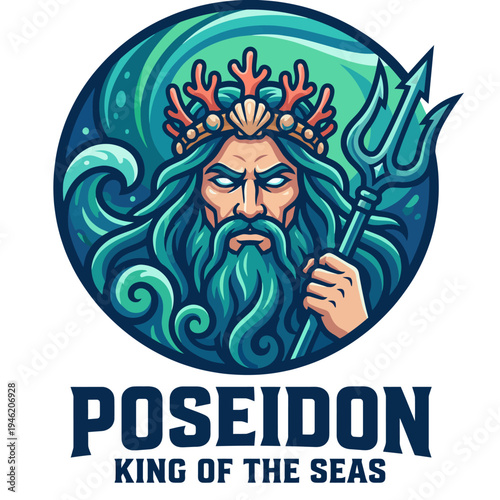 This captivating logo illustrates Poseidon, the king of the seas, wielding a trident and crowned with coral, capturing the essence of mythology and oceanic power for brands in related fields.