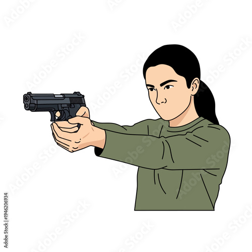 Woman aiming and firing a handgun with focus and determination