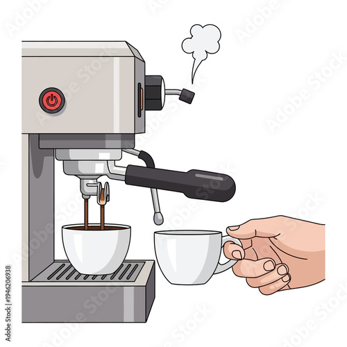 Espresso Machine Brewing Coffee Into Cup, Hand Holding Another Cup
