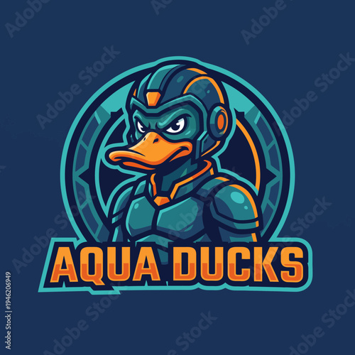 The bold logo depicts an armored aqua duck, designed for a commanding presence, ideal for gaming or comic brands aiming for uniqueness and a powerful brand identity.