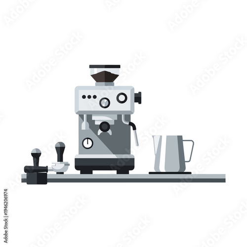 Espresso machine with grinder, tamper, and milk pitcher on a shelf