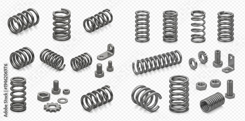 Set of metal springs, bolts, nuts, and washers for industrial and mechanical applications, isolated on a transparent background.