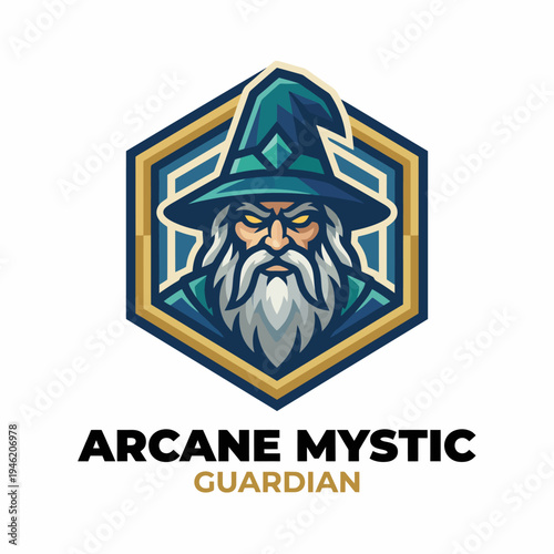 Striking logo design of a wise wizard with a long beard and mystical elements, capturing themes of knowledge and guardianship ideal for mystical brands and projects.