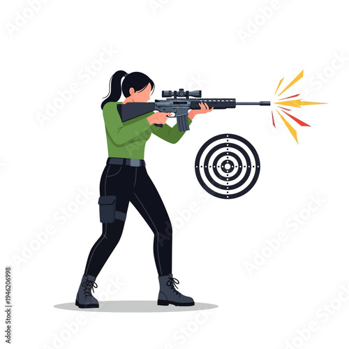 Woman aiming rifle at target, shooting practice, action sport, outdoor recreation