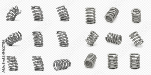Set of metal compression springs in various positions on a transparent background, showcasing industrial components and mechanical elements.