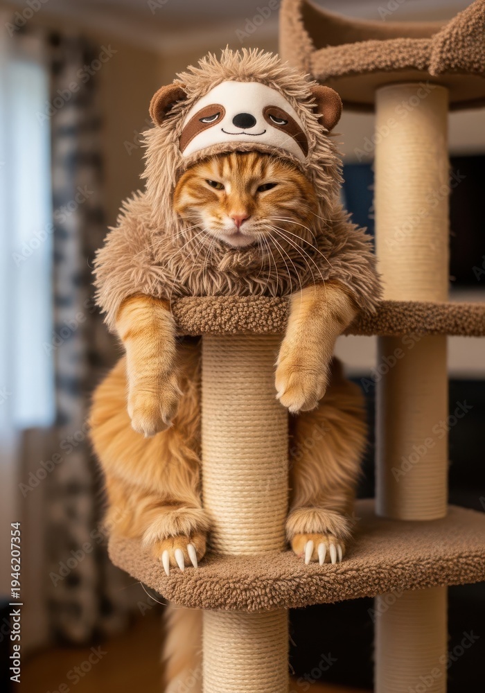 Obraz premium Fluffy orange feline wearing a sloth costume rests upon a sisal scratching post structure