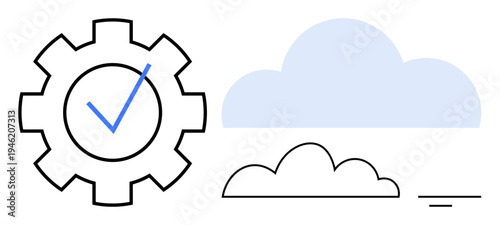 Cloud computing concept. Gear with checkmark system optimization in cloud computing. Cloud computing ensures efficiency, data management, and remote accessibility. For IT, tech solutions