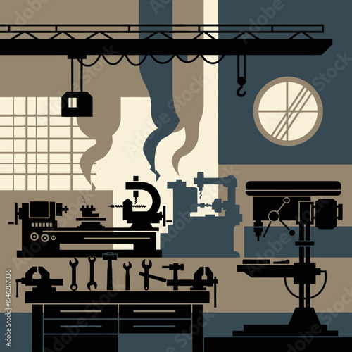 Industrial Workshop with Lathe, Drill Press, and Tools - Vintage Factory Scene