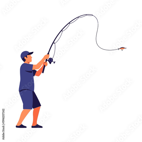 Man fishing with a fishing rod, casting a lure into the water, outdoor hobby