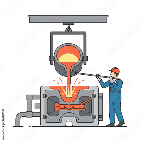 Metal casting process: molten metal poured into mold by worker in factory