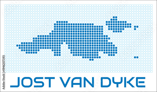 Jost Van Dyke digital style map with blue rounded rectangle dots. Virgin Islands (UK). Dotted shape of the island. Jost Van Dyke blue colored map and title on white background.