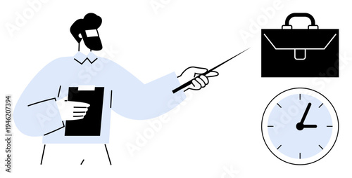 Time management, office planning, business training, productivity, corporate strategy, professional presentation. Person holding clipboard with pointer, clock and briefcase. Time management