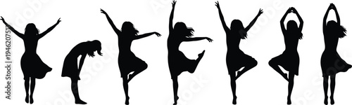 Set of 7 Black Female Dancer Silhouettes Vector Collection for Movement, Grace, and Performance-Themed Designs