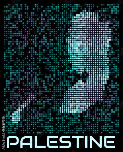 Palestine digital dotted map. Shape of the country in cyan color palette on dark background. Futuristic Palestine map design. Vector illustration.