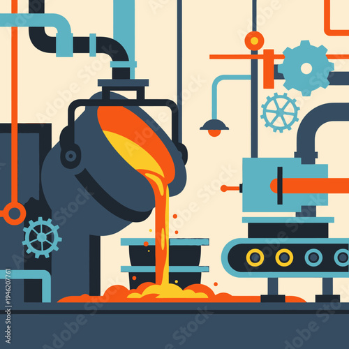 Industrial Foundry: Molten Metal Pouring into Molds on Conveyor Belt, Gears, Pipes